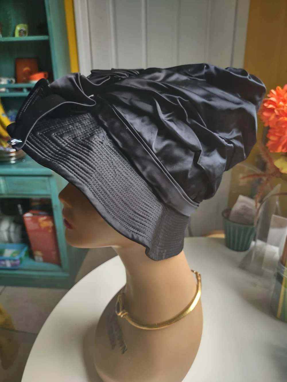 Charo Original Vintage Satin Fabric Brim Hat with Pleating and Iridescent Beads